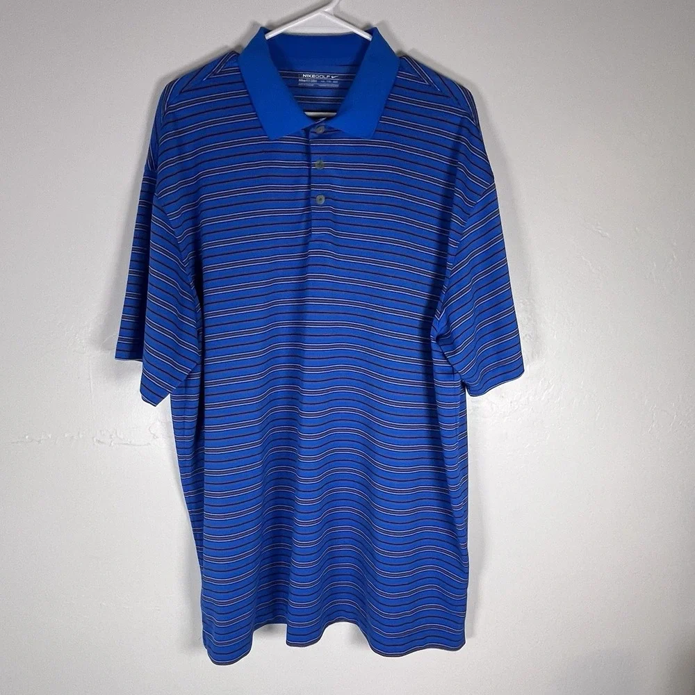 Nike Golf Dri Fit Mens Polo Shirt Sz XXL Blue w Red Black Stripes Short Sleeve